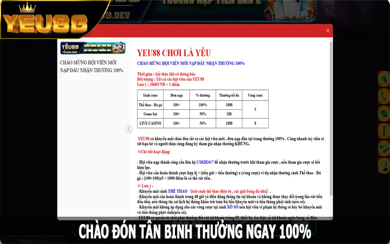 Chào đón tân binh - Yeu88 thưởng ngay 100% thẻ nạp