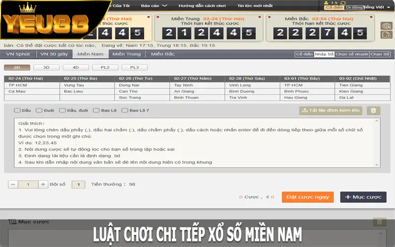 Luật chơi chi tiếp xổ số Miền Nam trên Yeu88